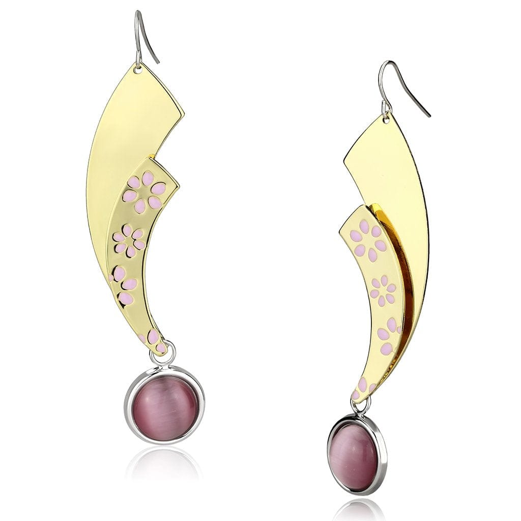 LO2731 - Gold+Rhodium Iron Earrings with Synthetic Cat Eye in Rose