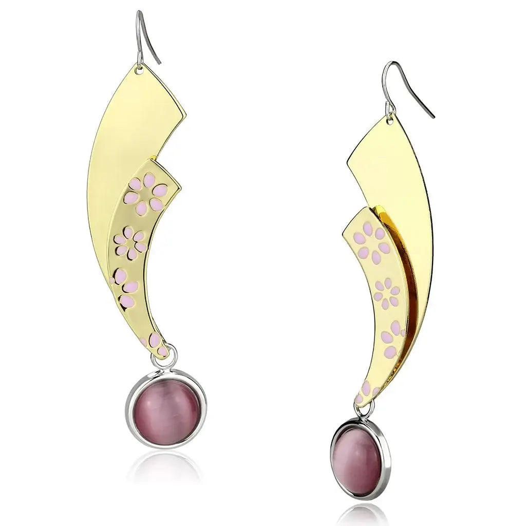 LO2731 - Gold+Rhodium Iron Earrings with Synthetic Cat Eye in Rose - Alamode - Flyclothing LLC