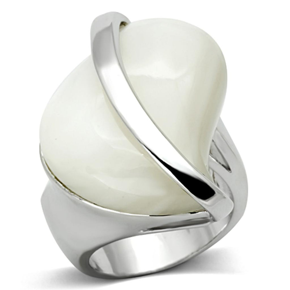 LO2944 - Rhodium Brass Ring with Synthetic Synthetic Stone in White - Alamode