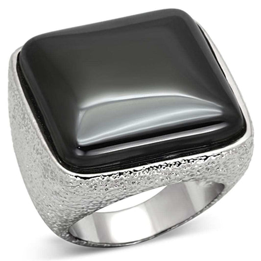 LO3045 - Rhodium Brass Ring with Semi-Precious Agate in Jet - Alamode - Flyclothing LLC