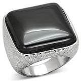 LO3045 - Rhodium Brass Ring with Semi-Precious Agate in Jet - Alamode