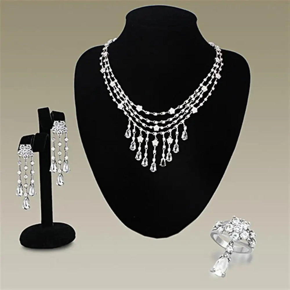 LO3076 - Rhodium Brass Jewelry Sets with AAA Grade CZ  in Clear - Alamode
