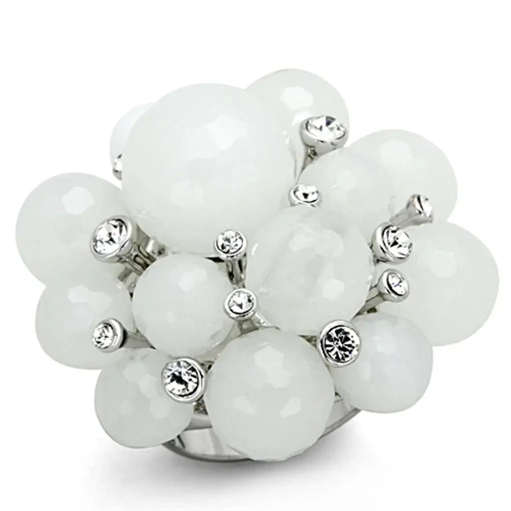 LO3213 - Rhodium Brass Ring with Synthetic Synthetic Glass in White - Alamode - Flyclothing LLC