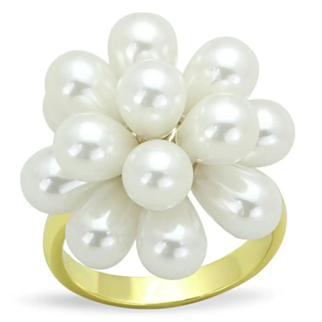 LO3286 - Gold Brass Ring with Synthetic Pearl in White - Alamode - Flyclothing LLC