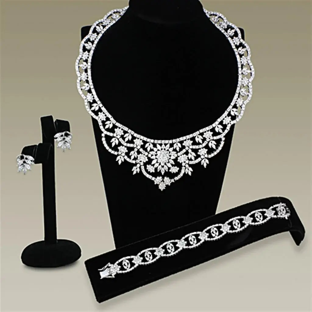 LO3291 - Rhodium Brass Jewelry Sets with AAA Grade CZ in Clear - Alamode - Flyclothing LLC