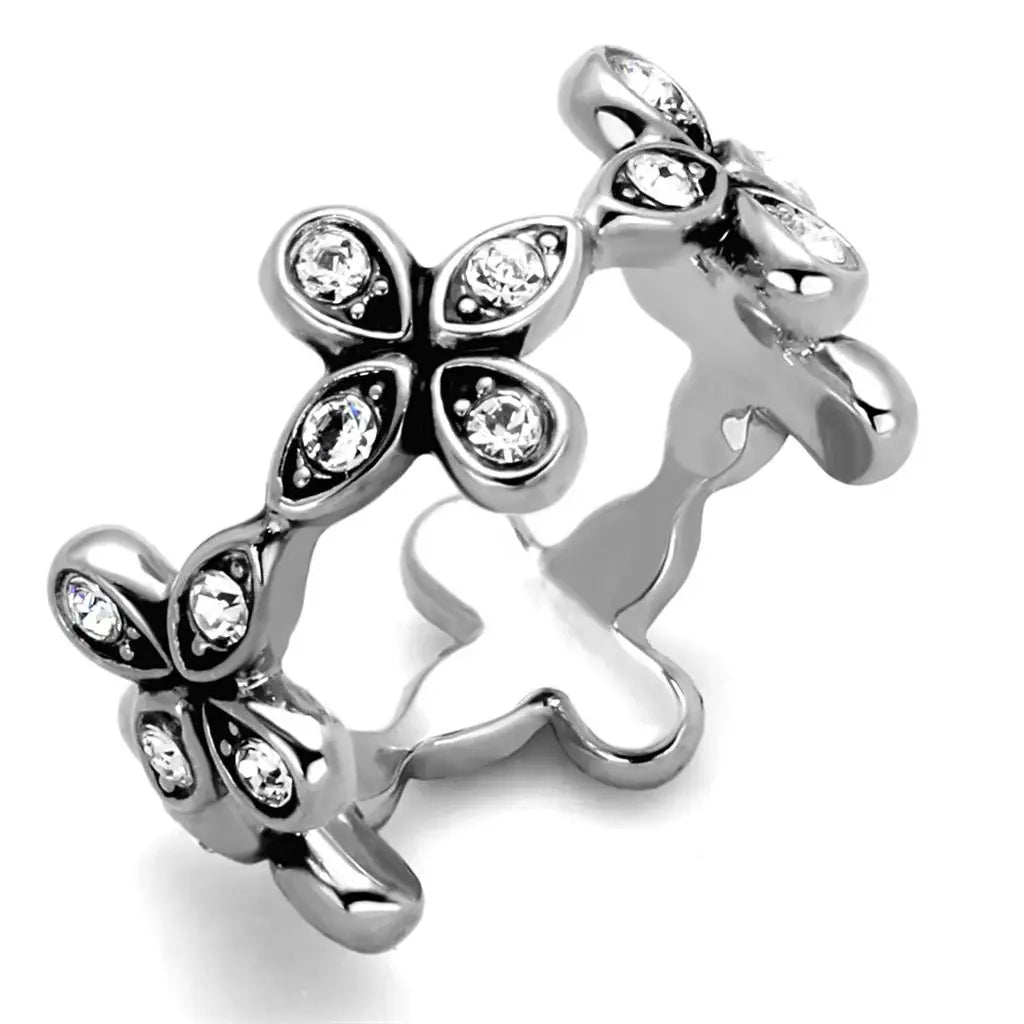 LO3519 - Rhodium Brass Ring with Top Grade Crystal in Clear - Alamode - Flyclothing LLC