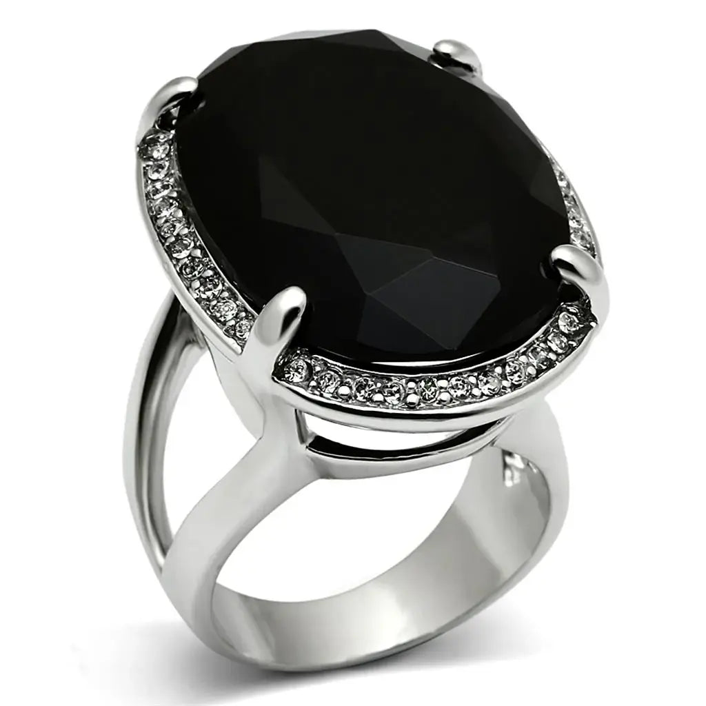 LO3534 - Rhodium Brass Ring with Synthetic Synthetic Glass in Jet - Alamode - Flyclothing LLC