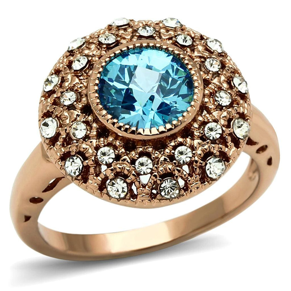 LO3535 - Rose Gold Brass Ring with AAA Grade CZ  in Sea Blue - Alamode