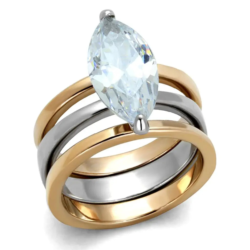 LO3554 - Two-Tone IP Rose Gold Stainless Steel Ring with AAA Grade CZ in Clear - Alamode - Flyclothing LLC