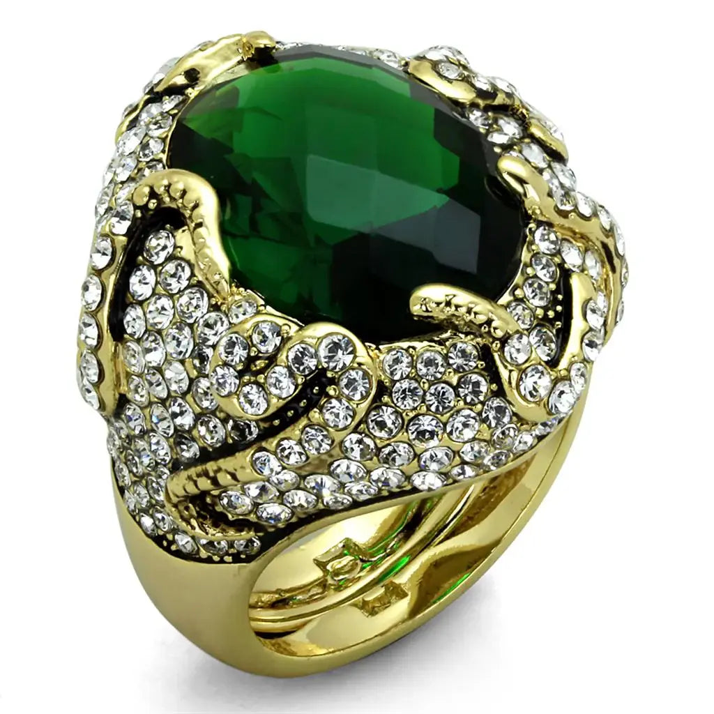 LO3588 - Flash Gold Brass Ring with Synthetic Synthetic Glass in Emerald - Alamode - Flyclothing LLC