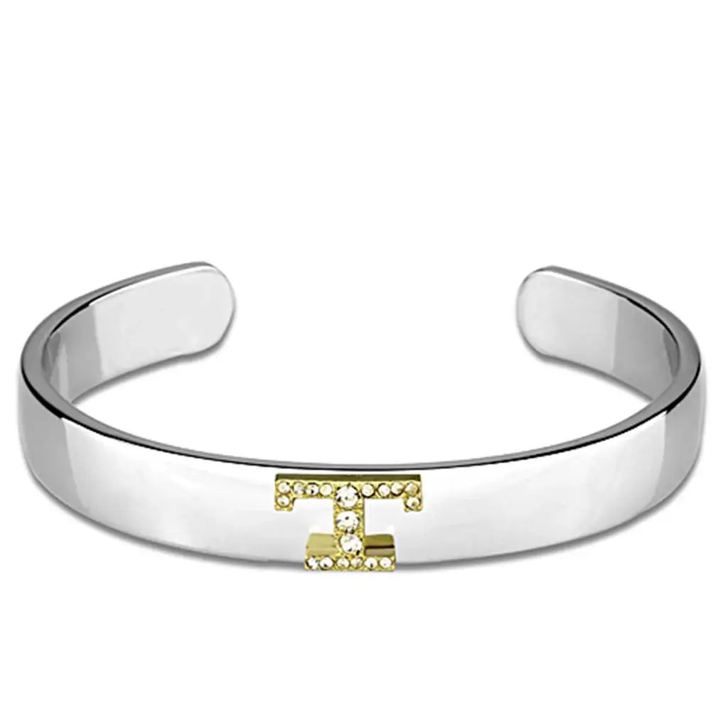 LO3630 - Reverse Two-Tone White Metal Bangle with Top Grade Crystal in Clear - Alamode - Flyclothing LLC