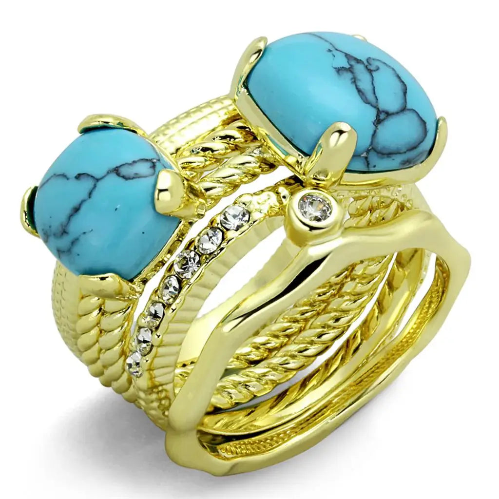 LO3650 - Gold Brass Ring with Synthetic Turquoise in Sea Blue - Alamode - Flyclothing LLC