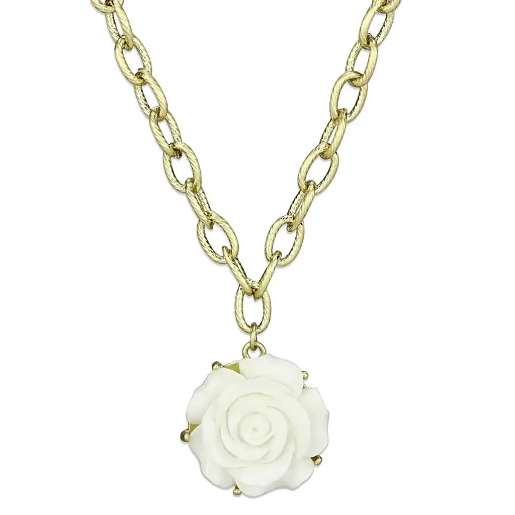 LO3661 - Gold & Brush Brass Necklace with Synthetic Synthetic Stone in White - Alamode - Flyclothing LLC