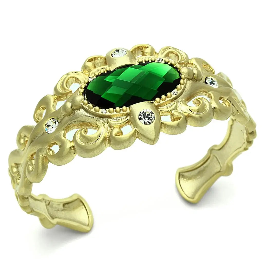 LO3666 - Gold & Brush Brass Bangle with Synthetic Synthetic Glass in Emerald - Alamode - Flyclothing LLC