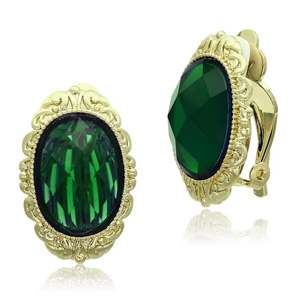 LO3668 - Gold & Brush Brass Earrings with Synthetic Synthetic Stone in Emerald - Alamode - Flyclothing LLC