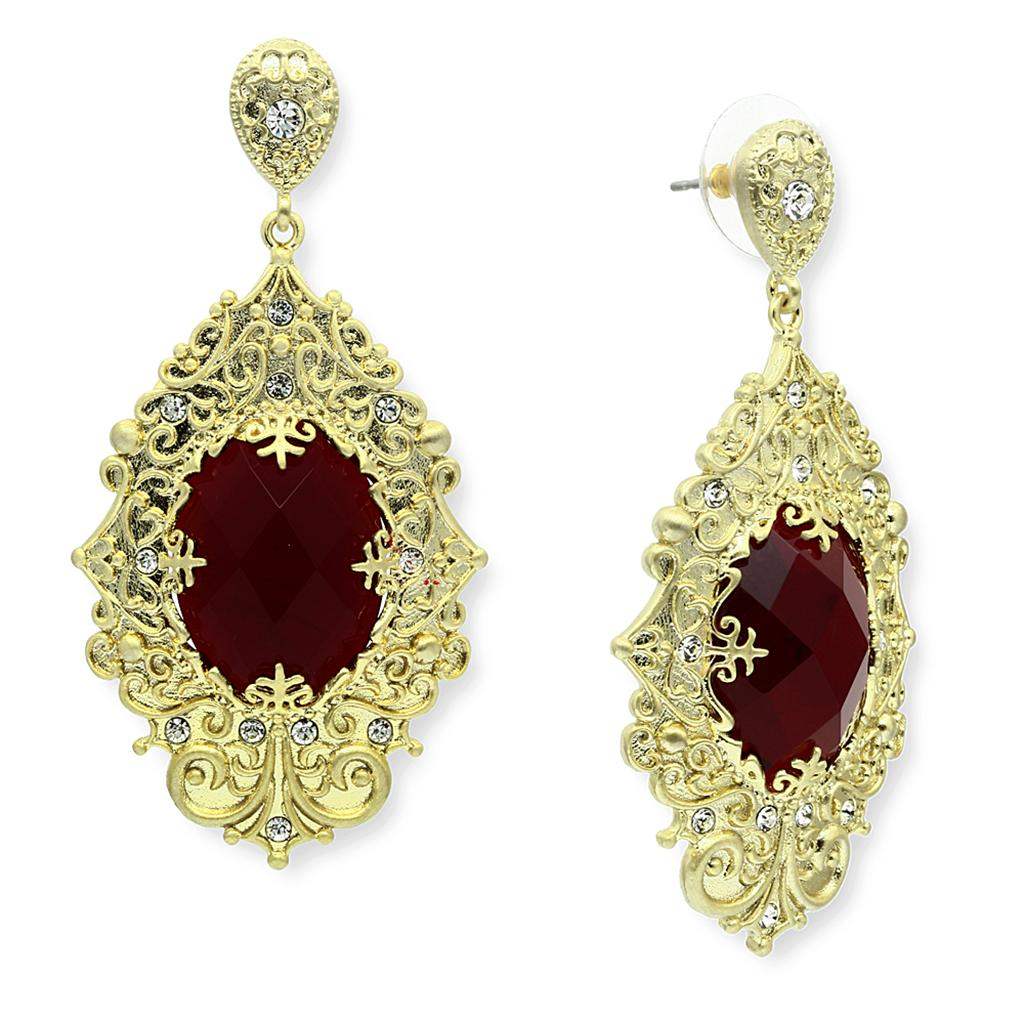 LO3673 - Gold & Brush Brass Earrings with Synthetic Synthetic Glass in Siam - Alamode - Flyclothing LLC