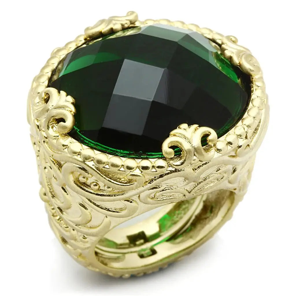 LO3675 - Gold & Brush Brass Ring with Synthetic Synthetic Glass in Emerald - Alamode - Flyclothing LLC