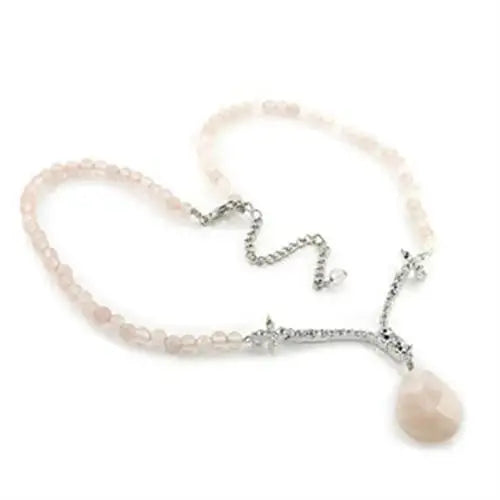 LO370 - Silver Brass Chain Pendant with Precious Stone PINK CRYSTAL in Light Rose - Alamode - Flyclothing LLC