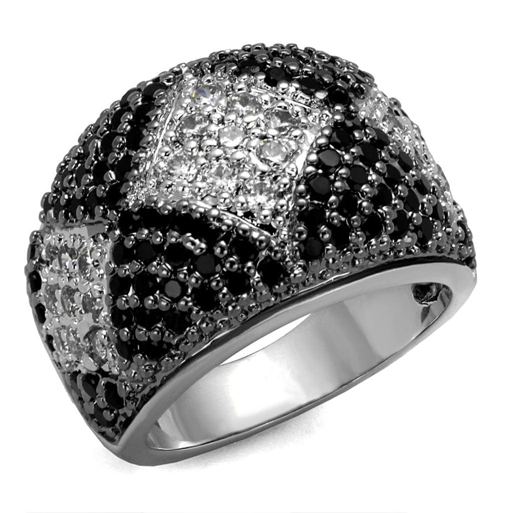 LO3738 - Rhodium + Ruthenium Brass Ring with AAA Grade CZ  in Black Diamond - Alamode