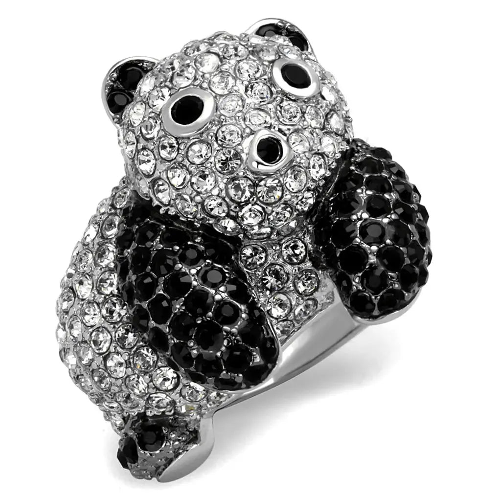 LO3740 - Rhodium + Ruthenium Brass Ring with Synthetic Synthetic Glass in Jet - Alamode - Flyclothing LLC