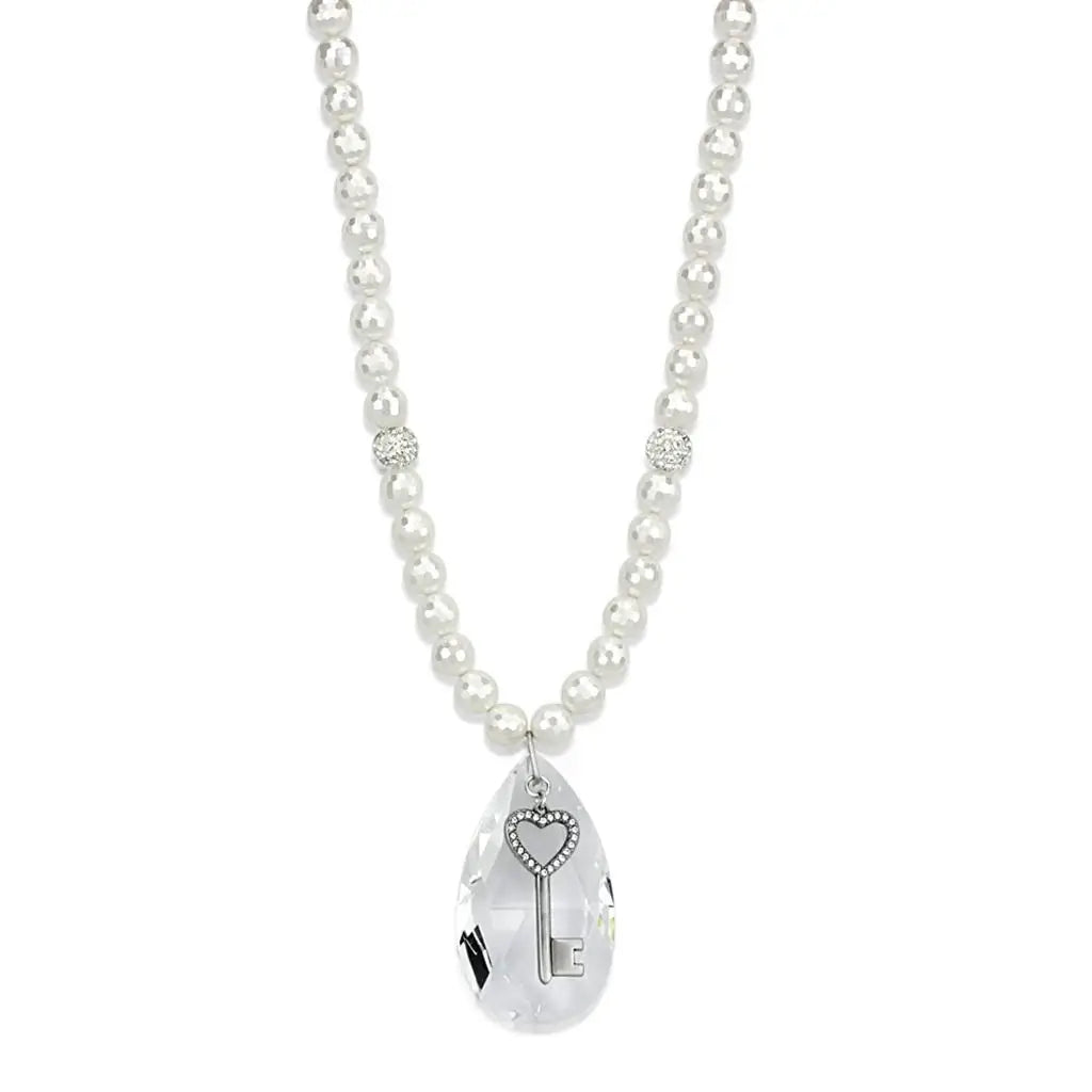 LO3819 - Antique Silver White Metal Necklace with Synthetic Synthetic Glass in Clear - Alamode - Flyclothing LLC