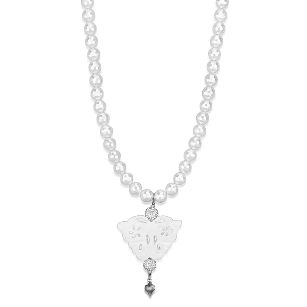 LO3821 - Antique Silver White Metal Necklace with Synthetic Glass Bead in White - Alamode - Flyclothing LLC