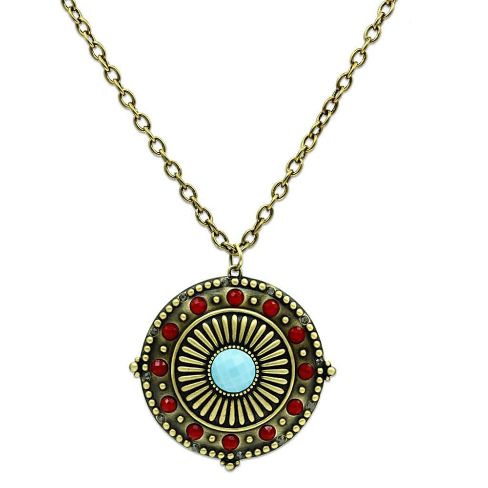 LO3838 - Antique Copper Brass Chain Pendant with Synthetic Synthetic Glass in Sea Blue - Alamode