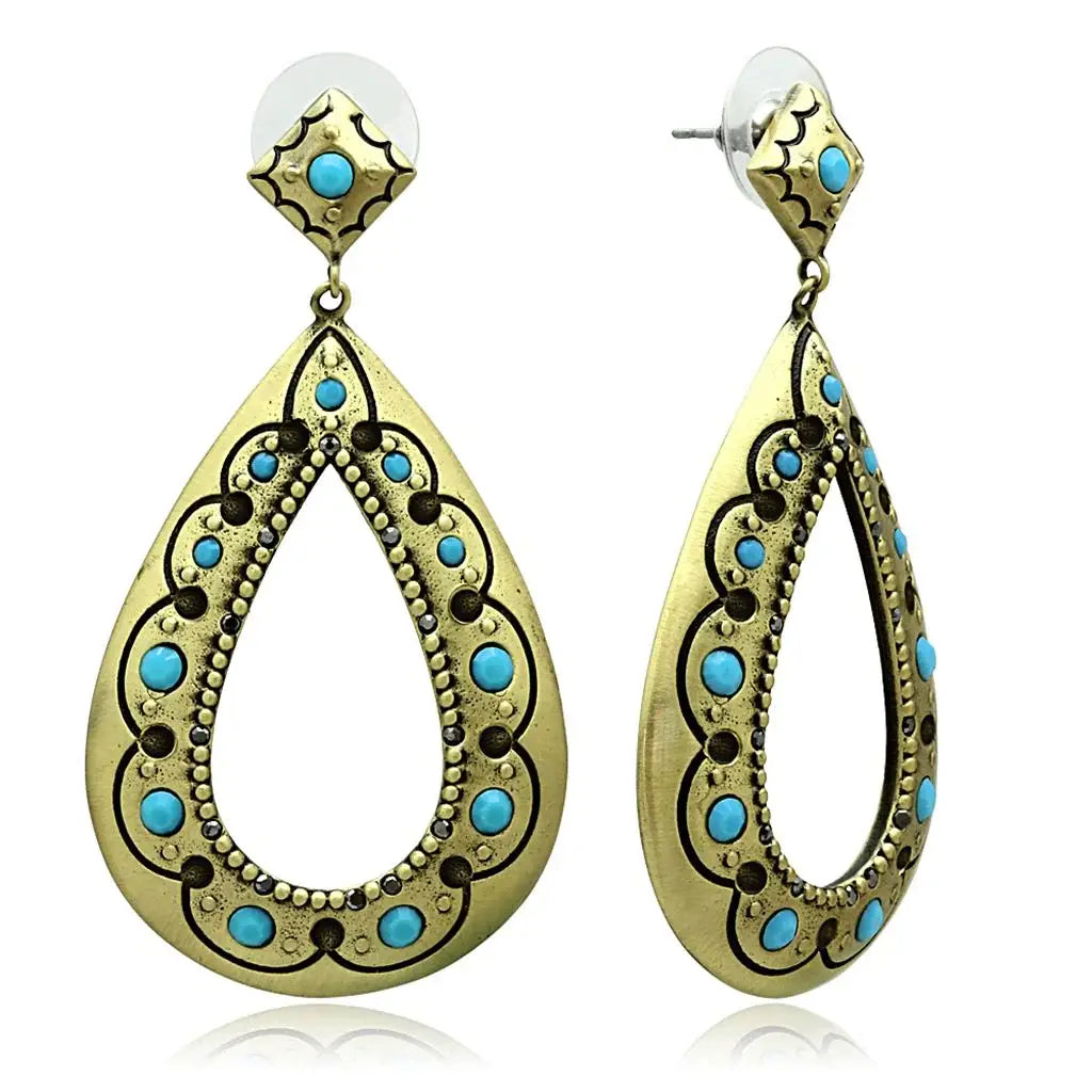 LO3850 - Antique Copper Brass Earrings with Top Grade Crystal in Turquoise - Alamode - Flyclothing LLC