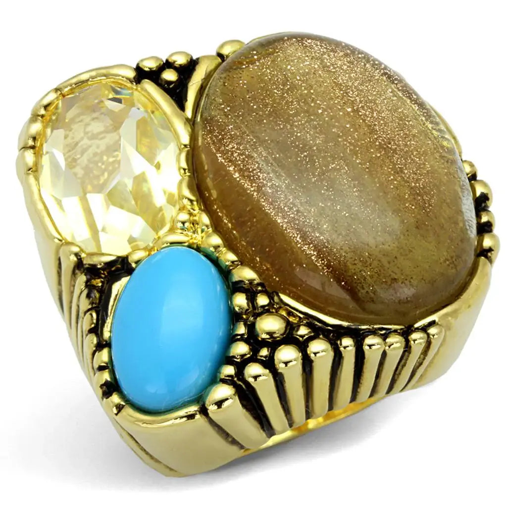 LO3900 - Gold Brass Ring with Synthetic Synthetic Rutile in Topaz - Alamode - Flyclothing LLC