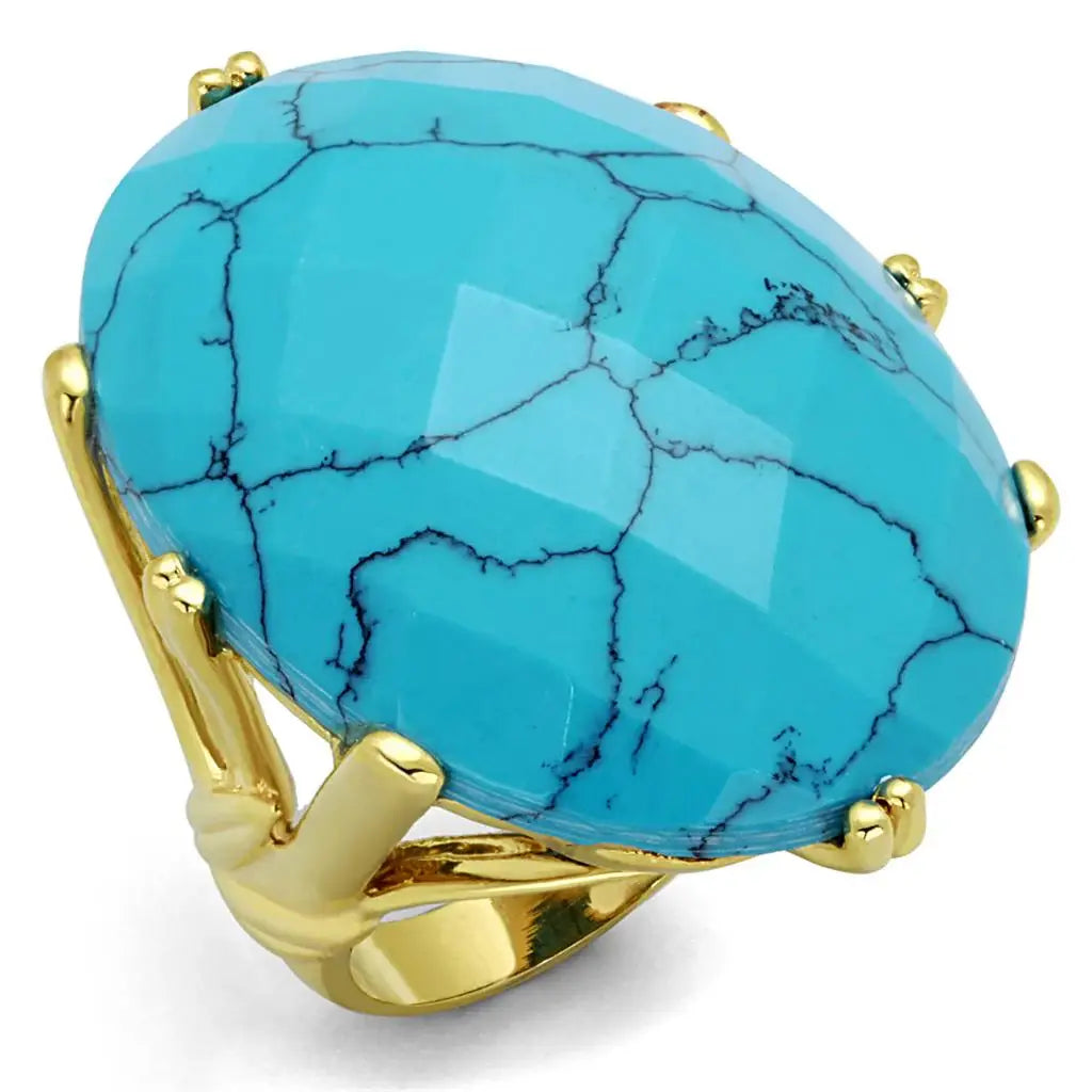 LO3901 - Gold Brass Ring with Synthetic Turquoise in Turquoise - Alamode - Flyclothing LLC