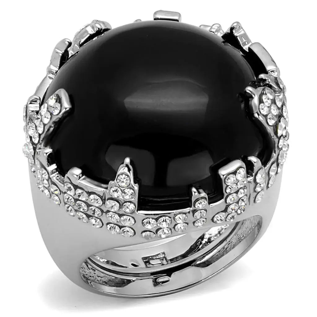 LO3911 - Rhodium Brass Ring with Synthetic Cat Eye in Jet - Alamode - Flyclothing LLC