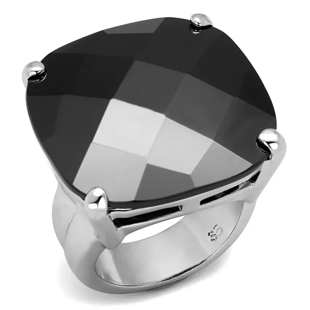 LO3912 - Rhodium Brass Ring with AAA Grade CZ in Jet - Alamode - Flyclothing LLC