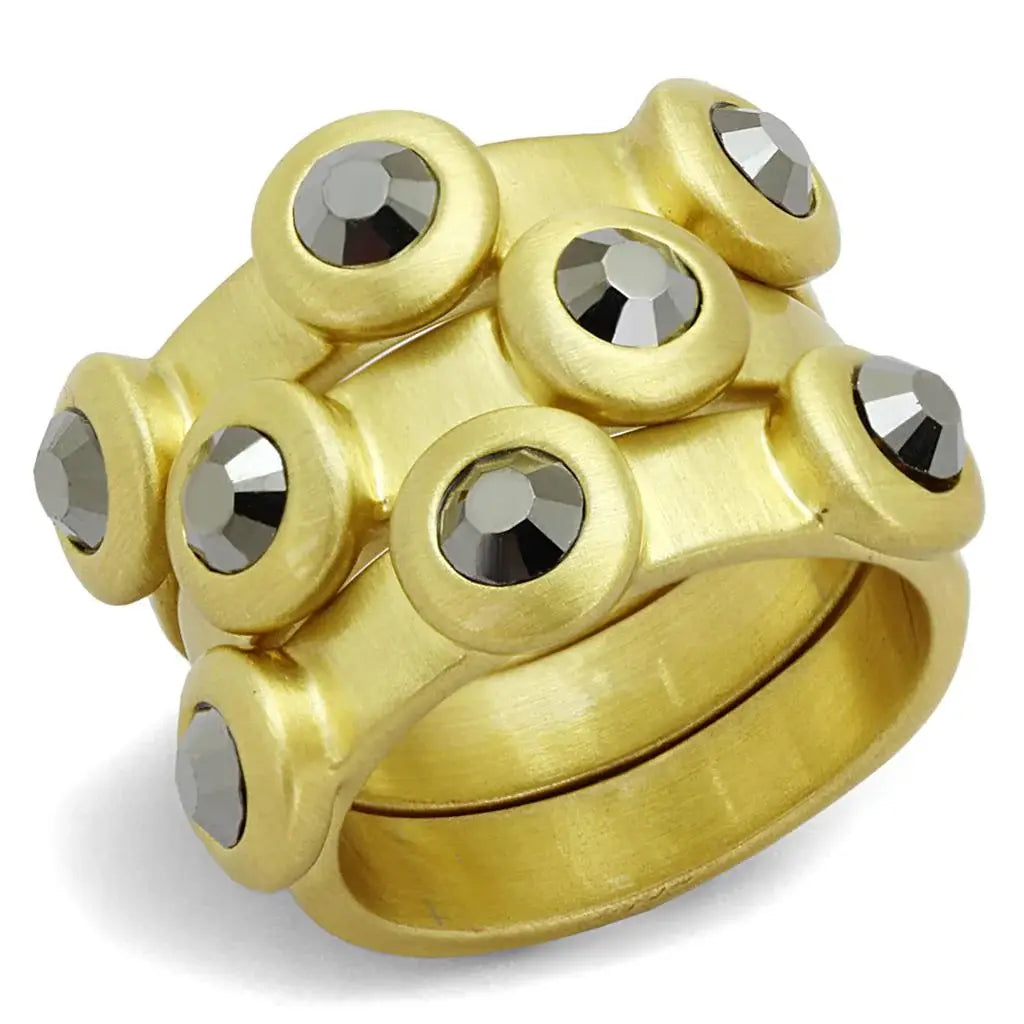 LO3917 - Gold & Brush Brass Ring with Top Grade Crystal in Hematite - Alamode - Flyclothing LLC