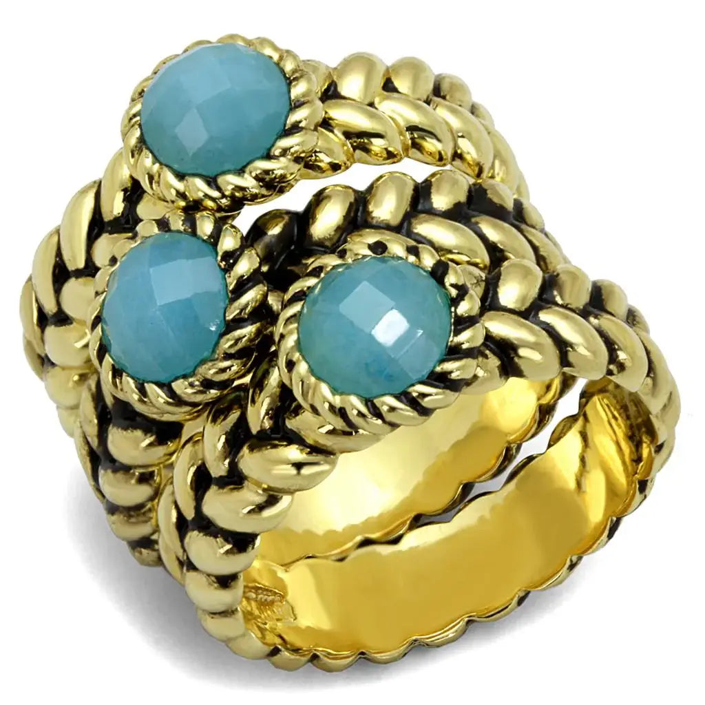 LO3922 - Gold Brass Ring with Synthetic Cat Eye in Sea Blue - Alamode - Flyclothing LLC