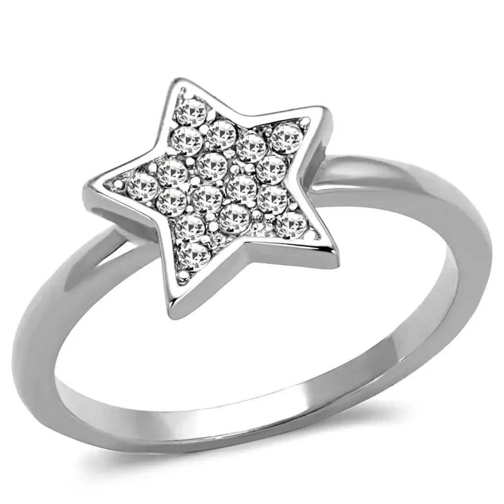 LO3980 - Rhodium Brass Ring with Top Grade Crystal in Clear - Alamode - Flyclothing LLC