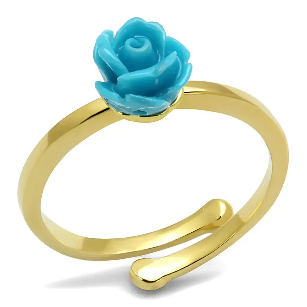 LO4060 - Flash Gold Brass Ring with Synthetic Synthetic Stone in Sea Blue - Alamode - Flyclothing LLC