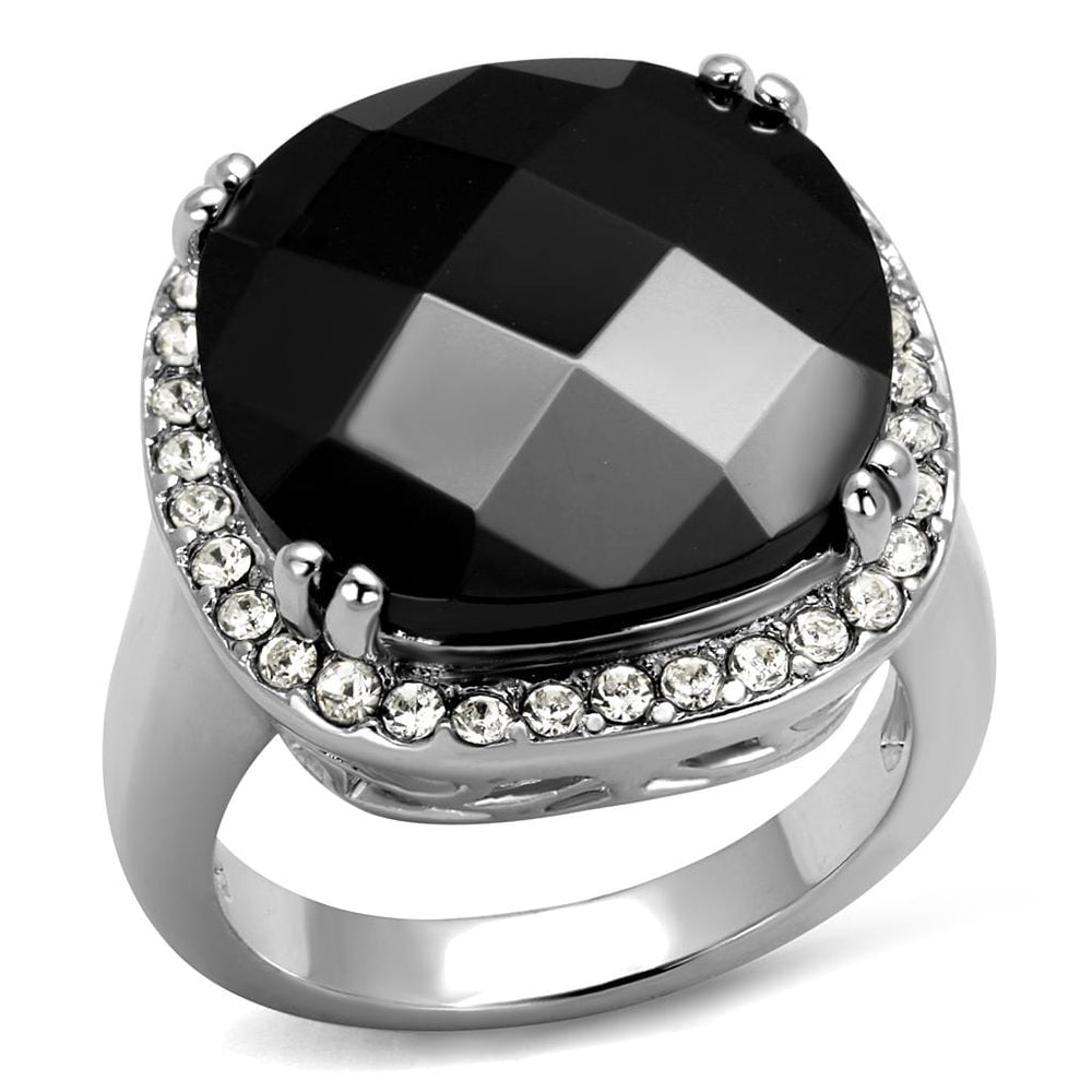 LO4085 - Rhodium Brass Ring with AAA Grade CZ  in Black Diamond - Alamode