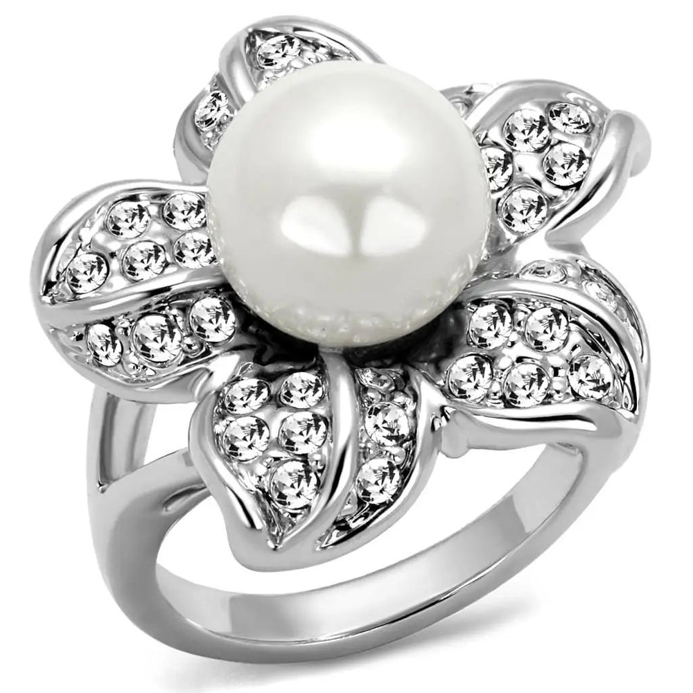 LO4088 - Rhodium Brass Ring with Synthetic Pearl in White - Alamode