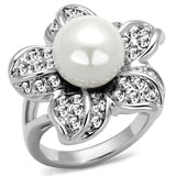 LO4088 - Rhodium Brass Ring with Synthetic Pearl in White - Alamode