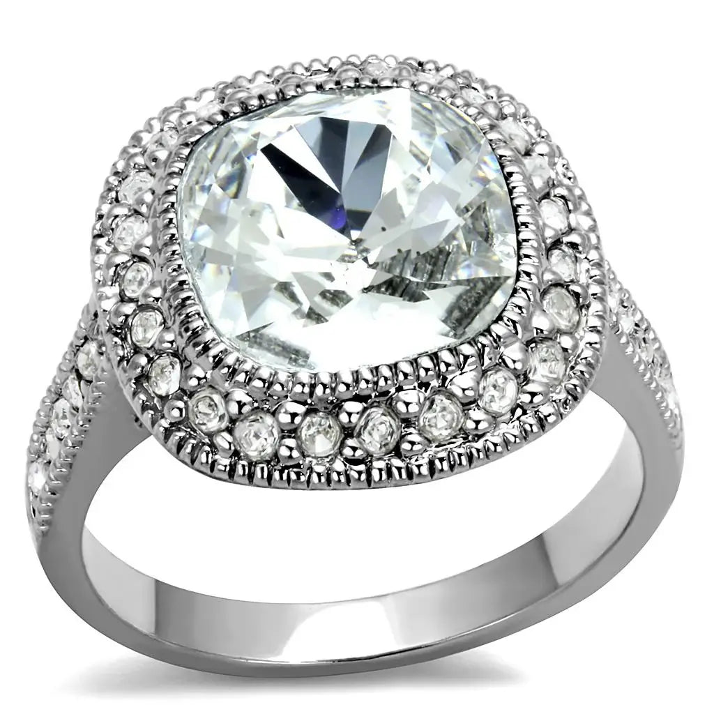 LO4092 - Rhodium Brass Ring with Top Grade Crystal in Clear - Alamode - Flyclothing LLC
