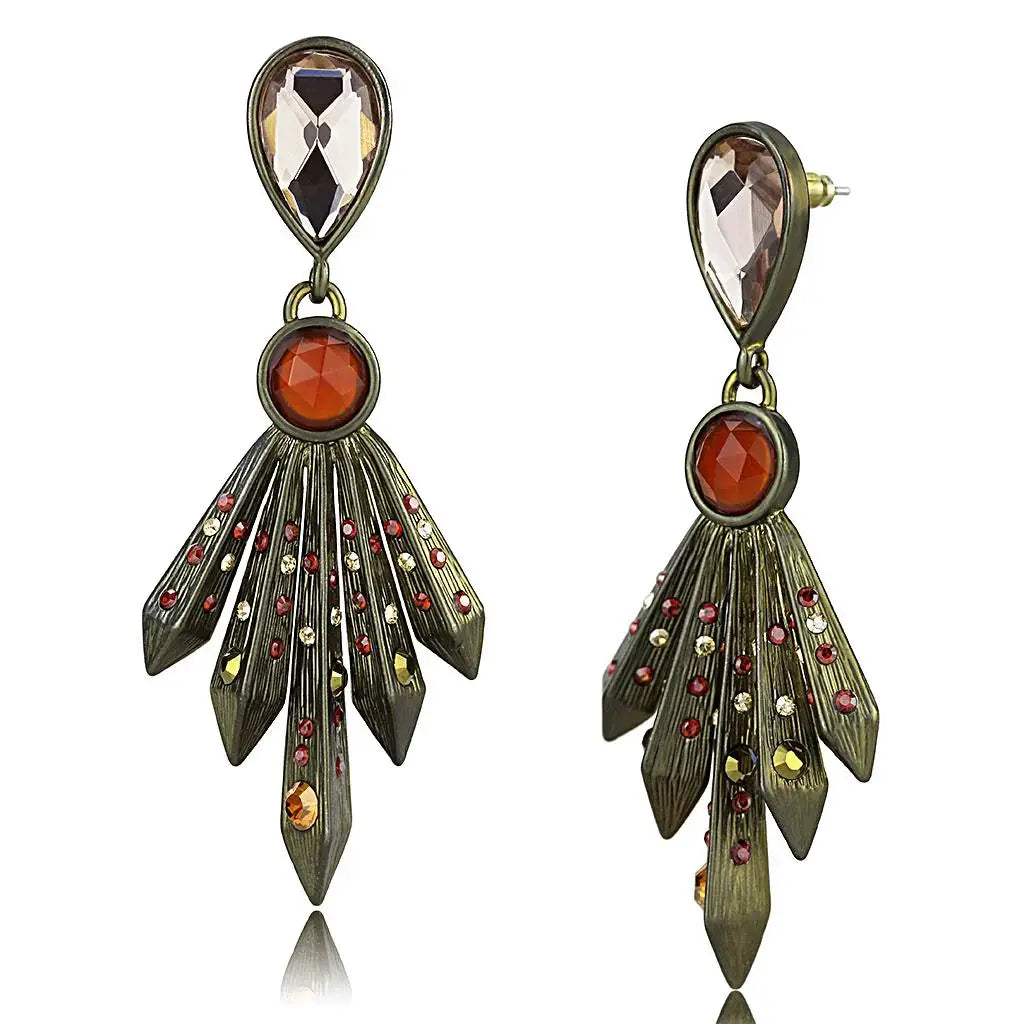 LO4180 - Antique Copper Brass Earrings with Synthetic Synthetic Glass in Champagne - Alamode - Flyclothing LLC
