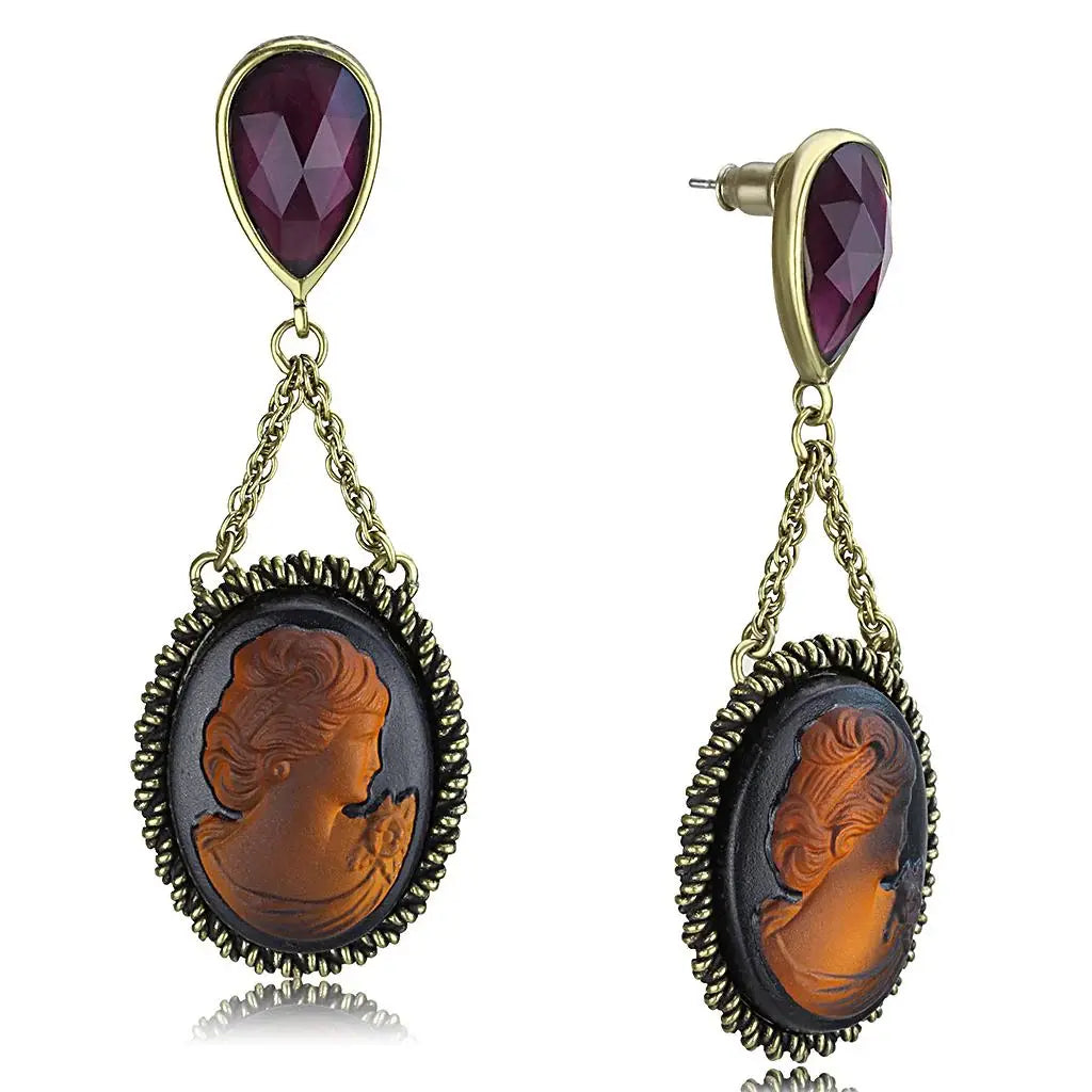 LO4182 - Antique Copper Brass Earrings with Synthetic Synthetic Stone in Smoked Quartz - Alamode - Flyclothing LLC