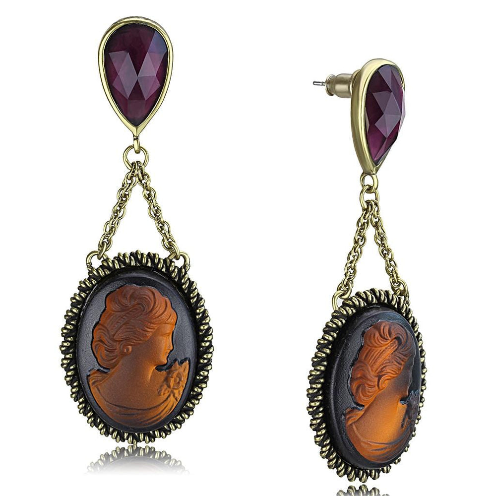 LO4182 - Antique Copper Brass Earrings with Synthetic Synthetic Stone in Smoked Quartz - Alamode