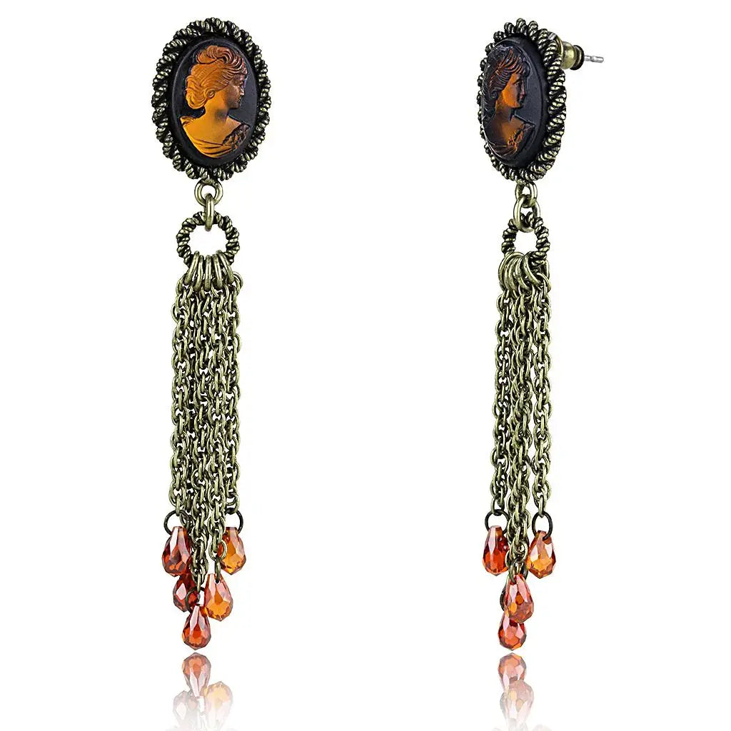 LO4185 - Antique Copper Brass Earrings with Synthetic Synthetic Stone in Smoked Quartz - Alamode - Flyclothing LLC