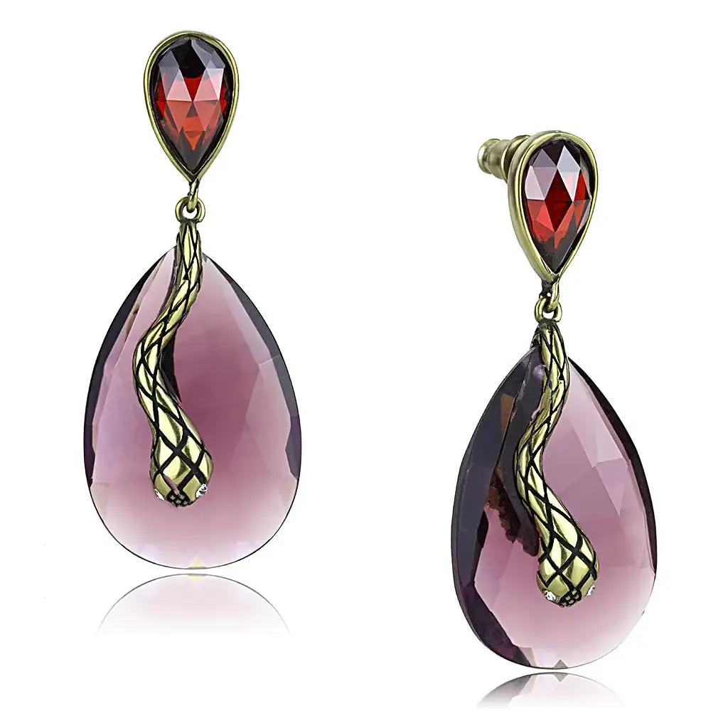 LO4187 - Antique Copper Brass Earrings with Synthetic Synthetic Glass in Amethyst - Alamode - Flyclothing LLC