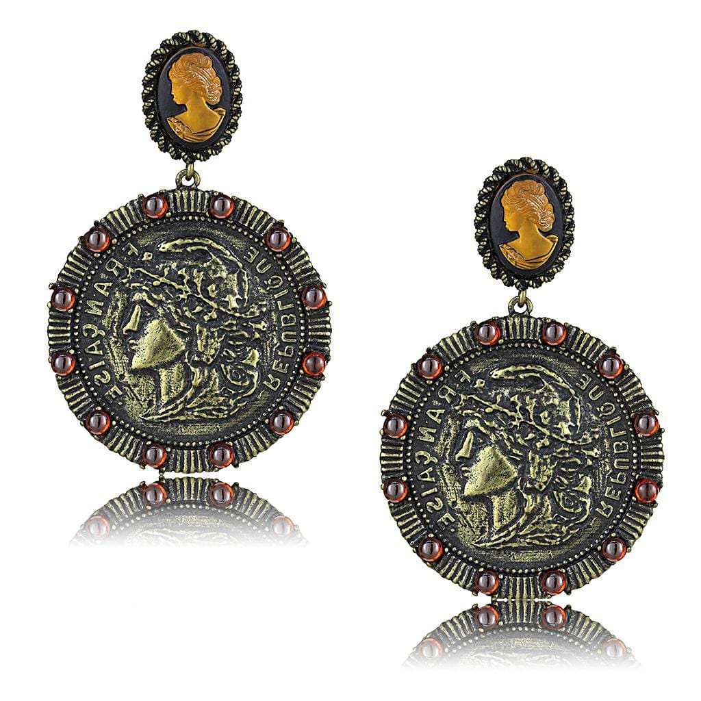 LO4190 - Antique Copper Brass Earrings with Synthetic Synthetic Stone in Smoked Quartz - Alamode - Flyclothing LLC