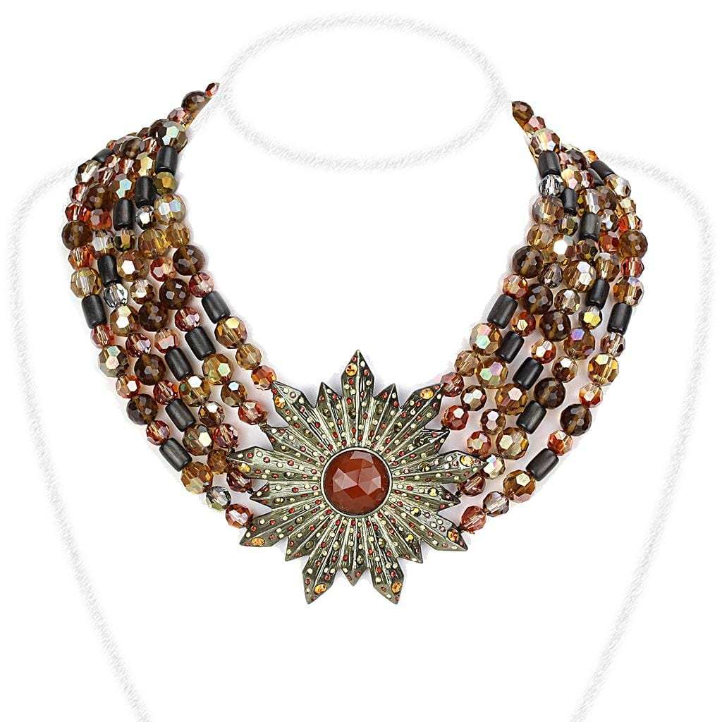 LO4210 - Antique Copper Brass Necklace with Synthetic Onyx in Garnet - Alamode - Flyclothing LLC