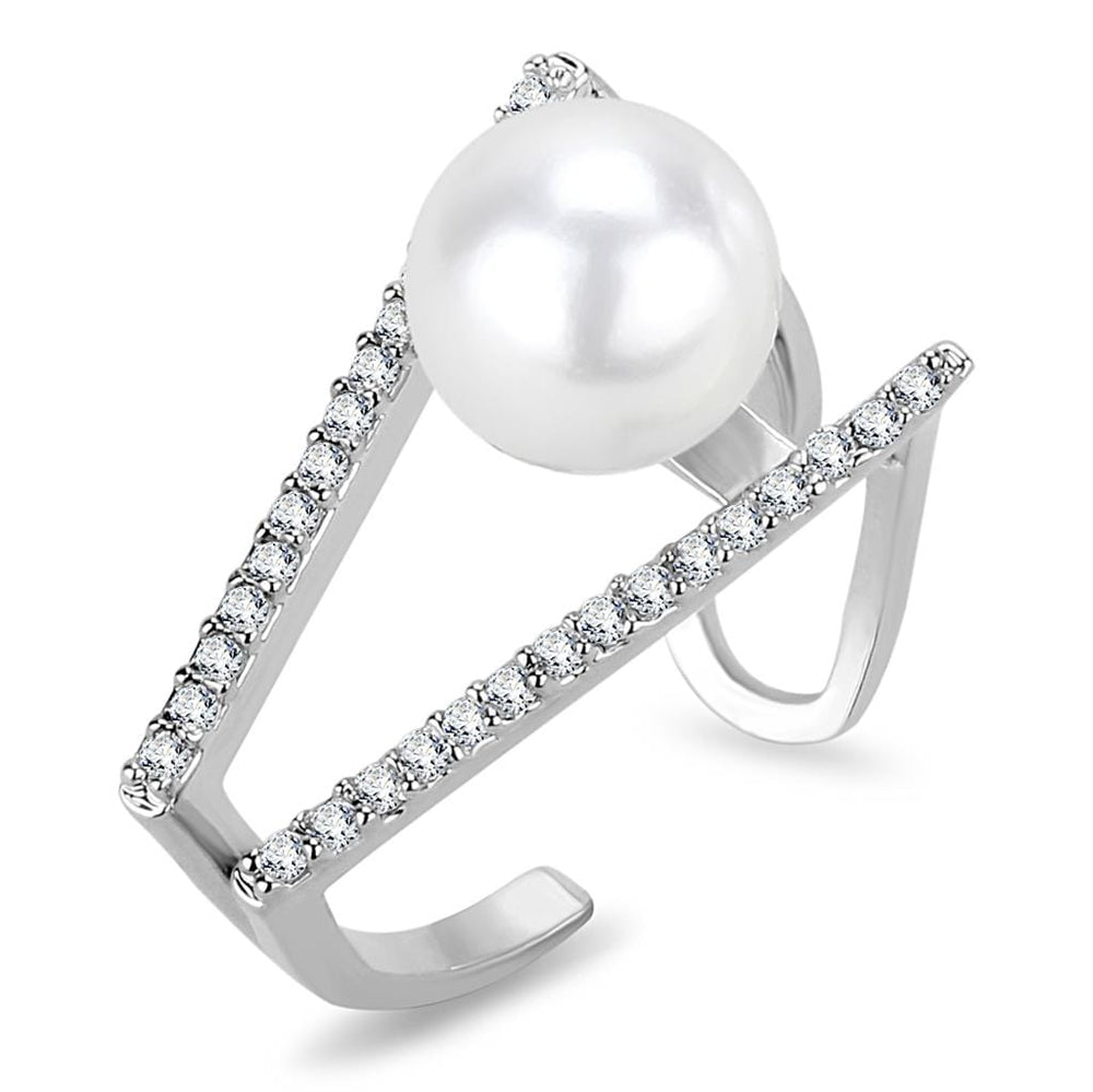 LO4245 - Rhodium Brass Ring with Synthetic Pearl in White - Alamode