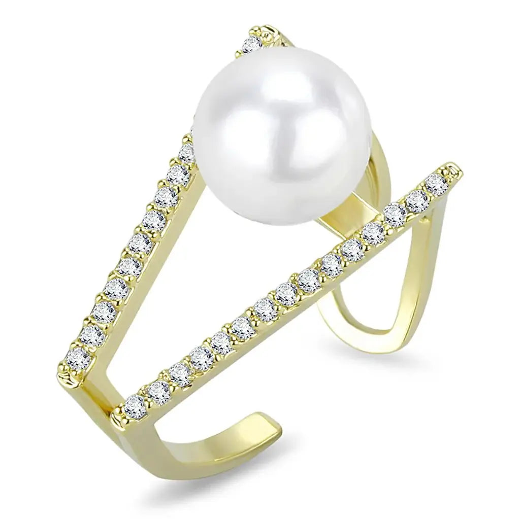 LO4246 - Flash Gold Brass Ring with Synthetic Pearl in White - Alamode - Flyclothing LLC