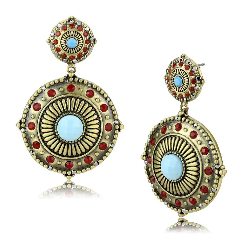 LO4685 - Antique Copper Brass Earrings with Synthetic Turquoise in Sea Blue - Alamode - Flyclothing LLC